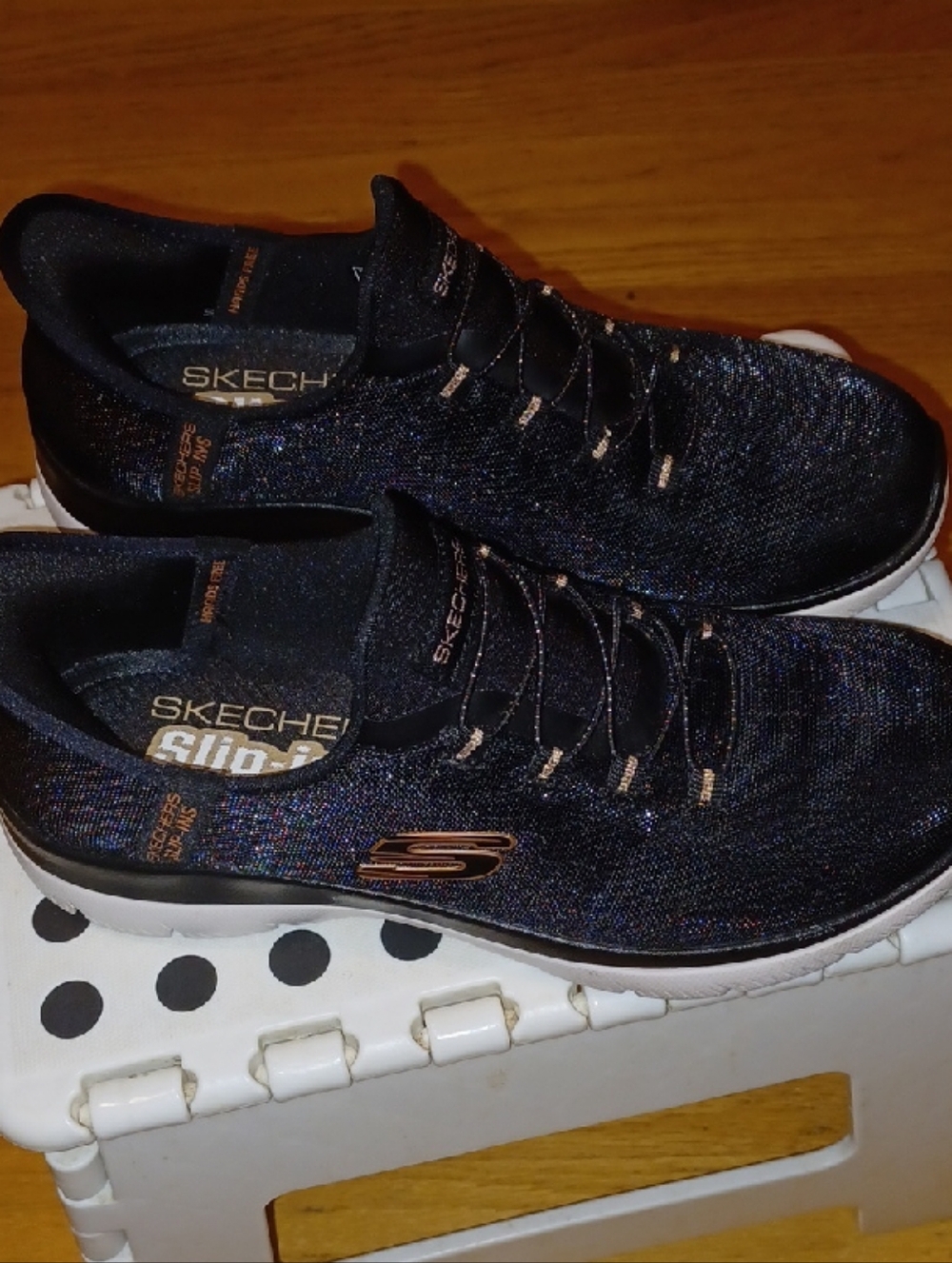 Skechers Women's Black Knit Slip-On Shoes Sneakers Shimmer Rose Gold Logo - Picture 10 of 12